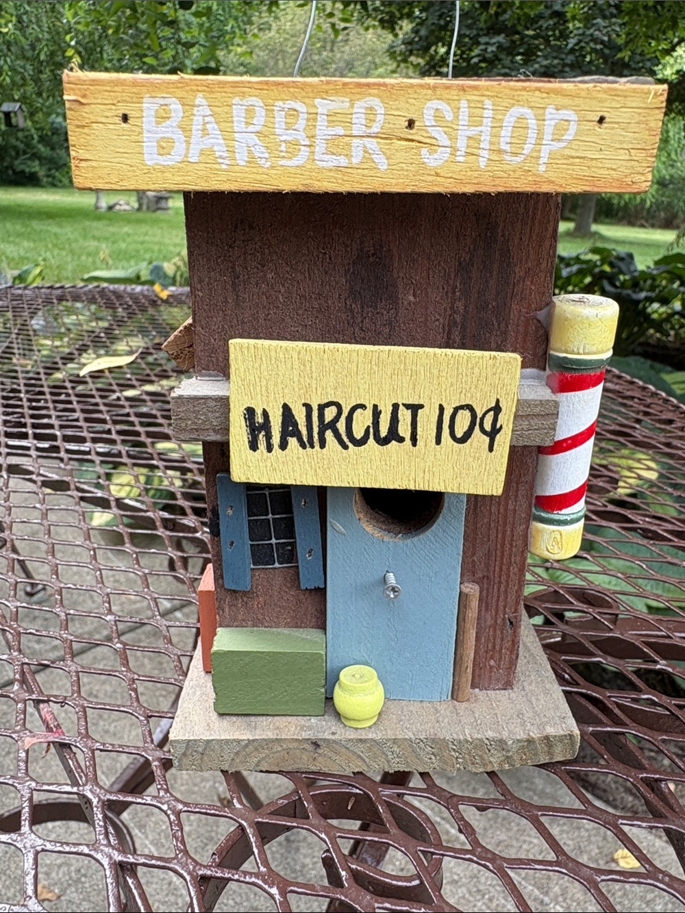 Barber Shop Birdhouse with Yellow Sign